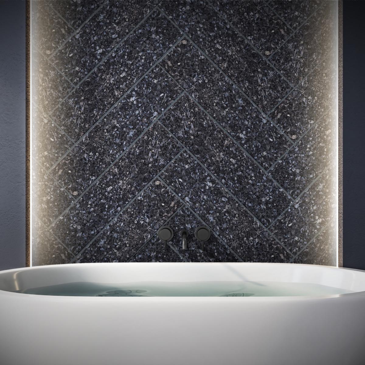 LUNDHS® REAL STONE – Blue® tile above bathtub  –  photo courtesy of Morten Rakke for LUNDHS®