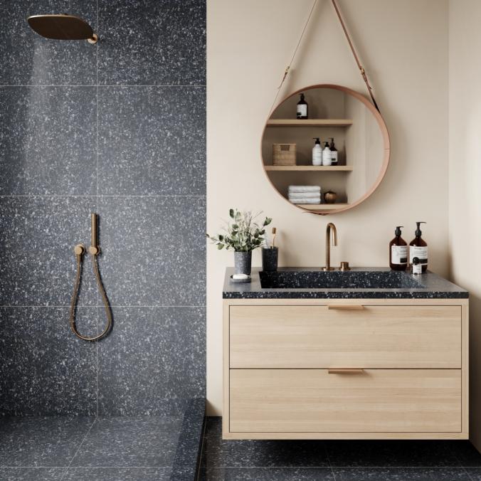 LUNDHS® REAL STONE – Blue® tile in shower and bathroom floor –  photo courtesy of Morten Rakke for LUNDHS®